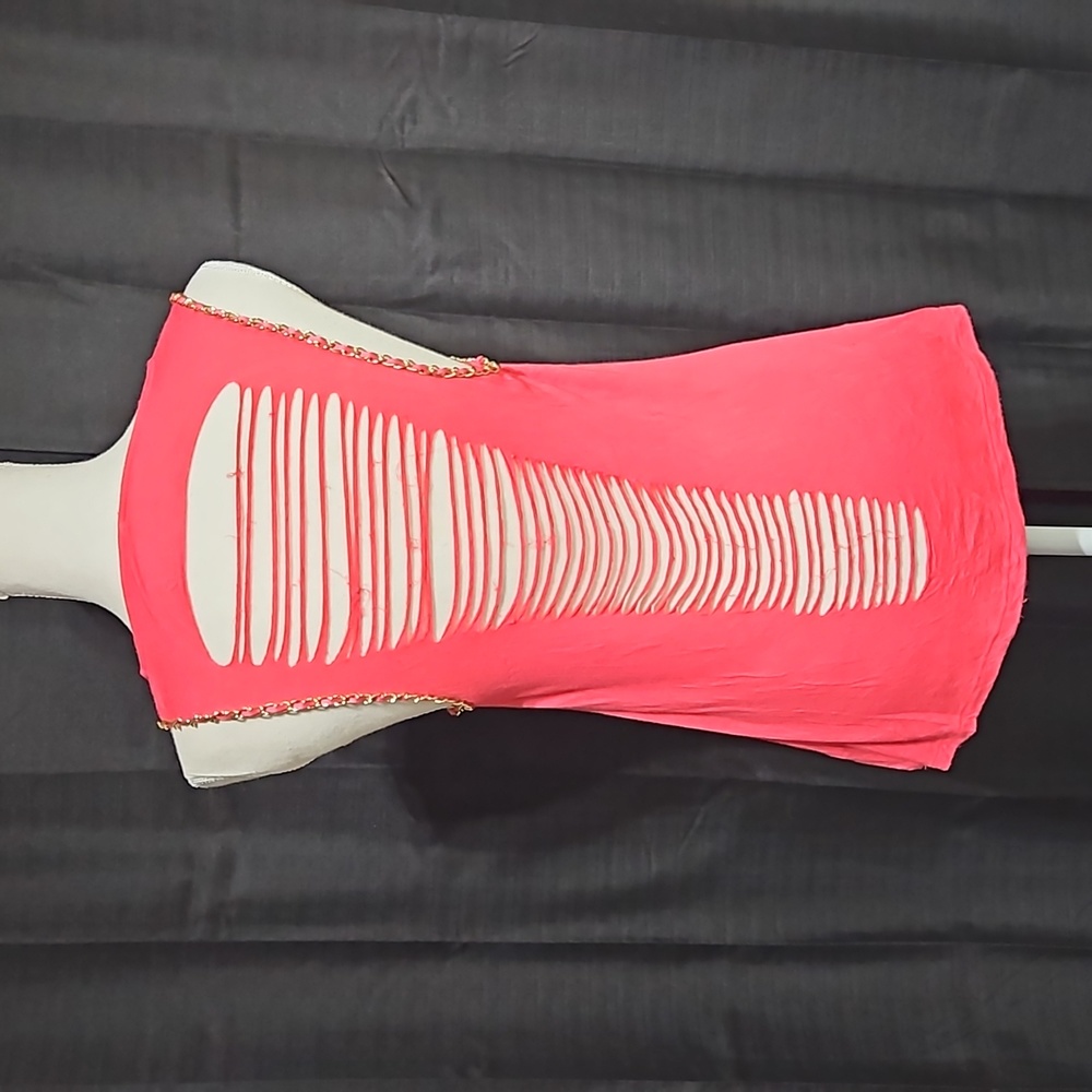 Hot pink tank with open back and gold chain accents